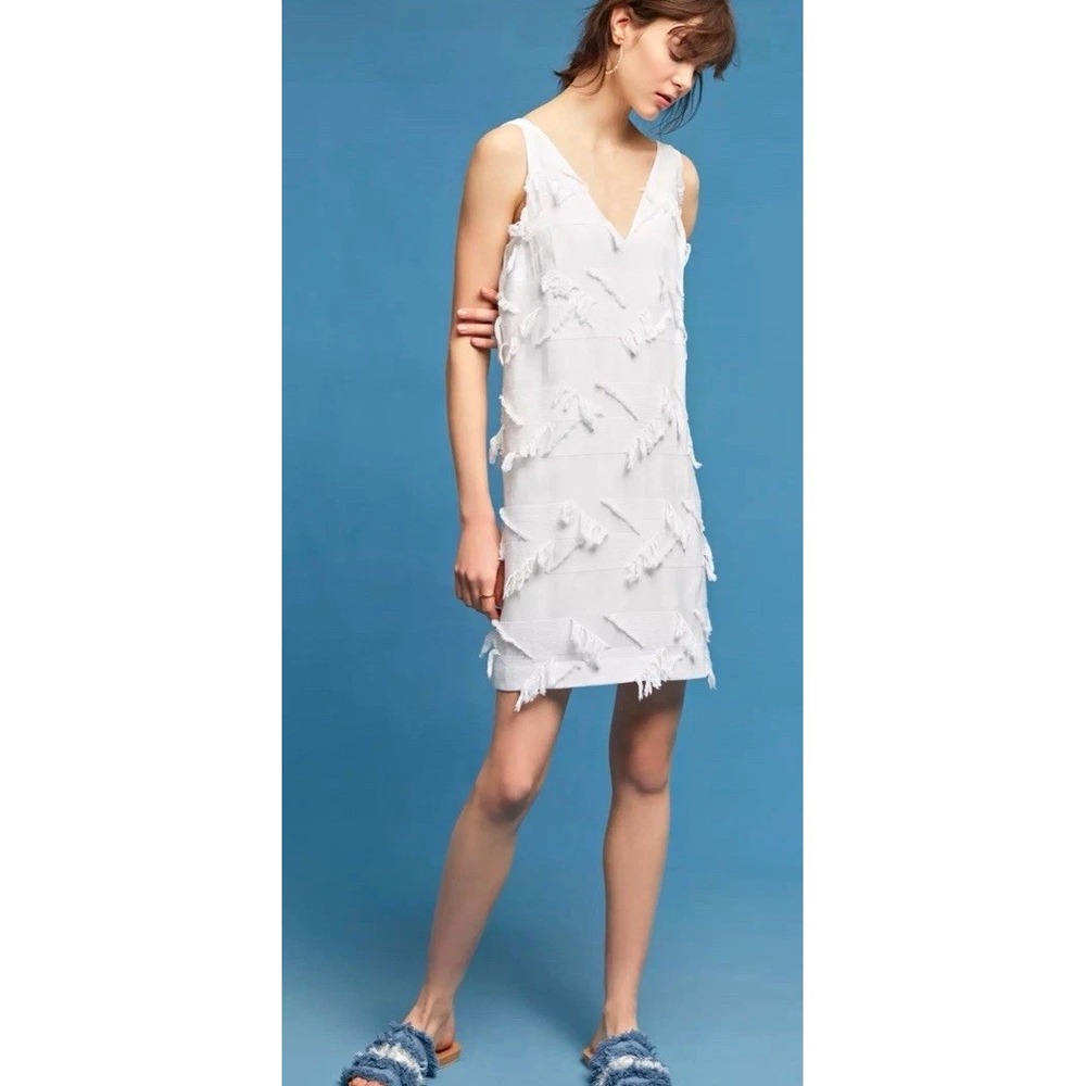 Maeve Anthropologie Fringework Shift Dress VNeck White Sleeveless Womens 4 Small